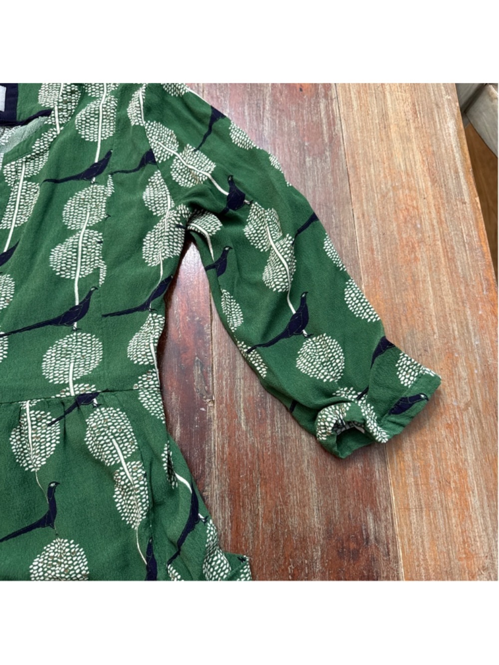 Maeve Anthropologie Green Pheasant Bird Print Dress Pockets Navy Gold S HTF - Picture 4 of 15